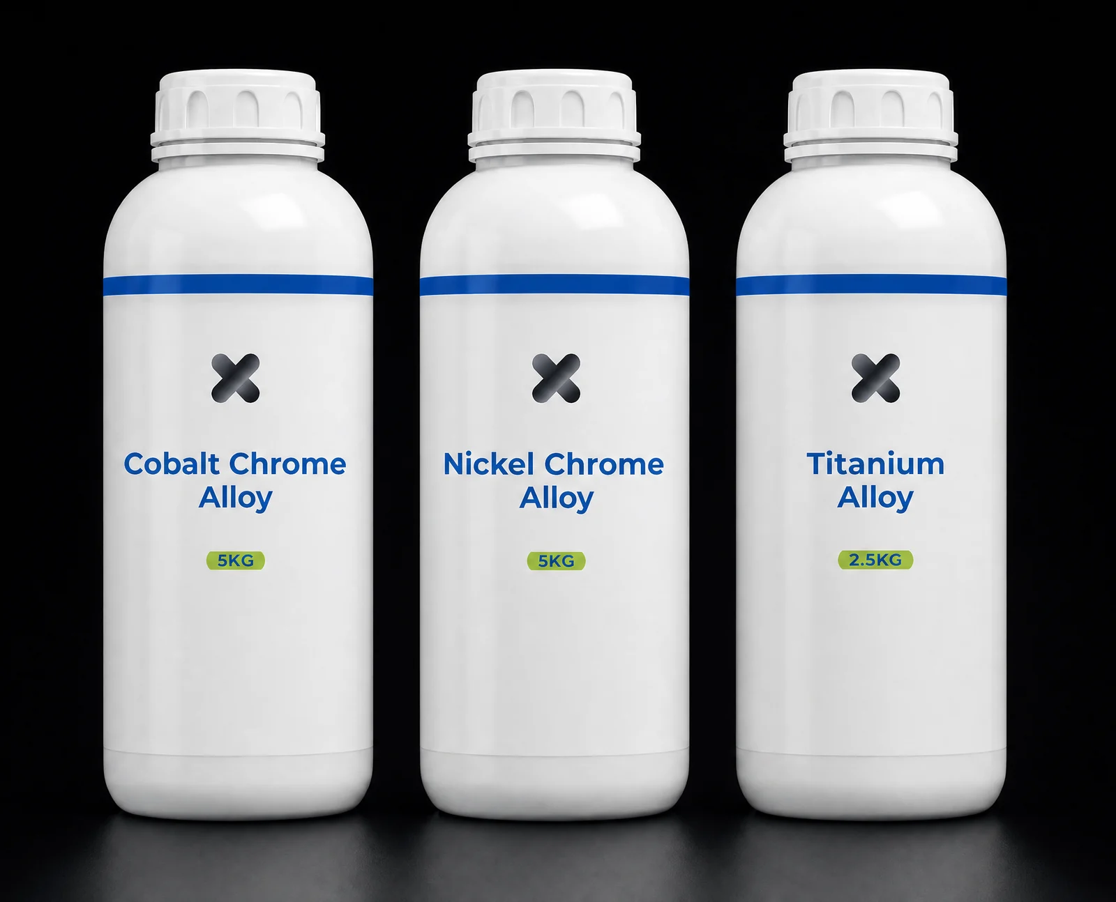 Cobalt chrome, nickel chrome and titanium alloy powder bottles